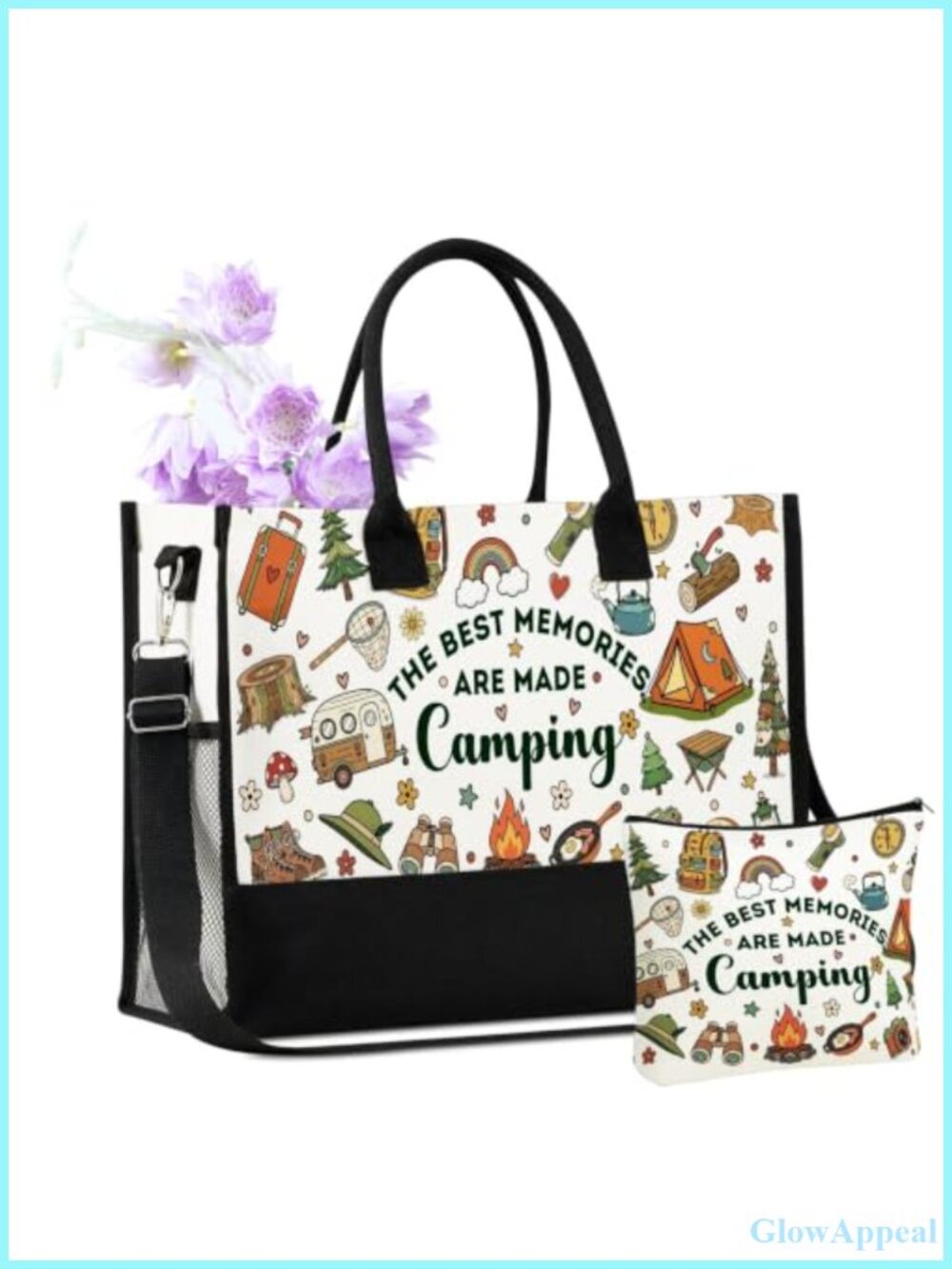 Canvas Tote Bag Set with Makeup Pouch & Strap Large Zip Travel Beach